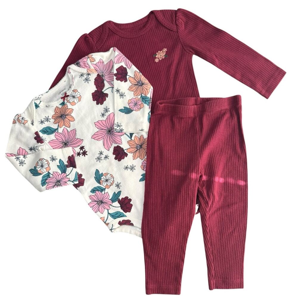 Carters Long Sleeve Matching Set Baby Girl Flowers Burgundy 12 months
